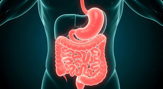 Human torso 3D rendering with the digestive system organs including stomach and intestines prominently displayed
