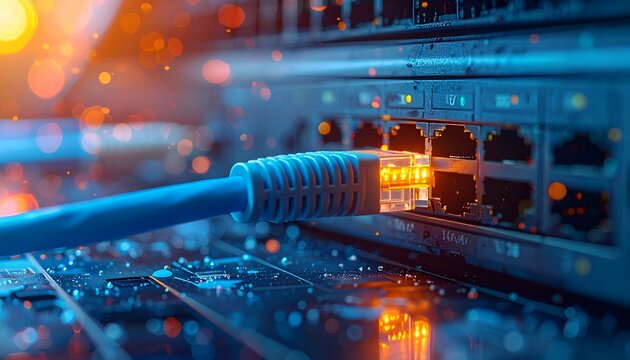 Close-up of a network cable plugged into a server rack