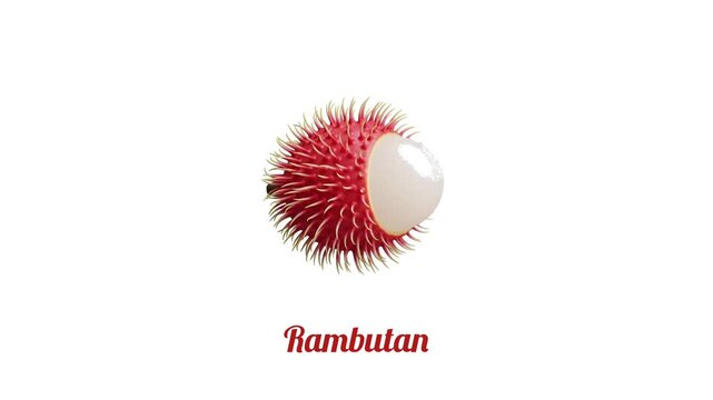 A single rambutan fruit is displayed on a white background with its name below.