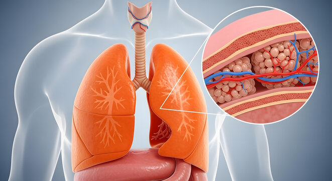 Human torso displaying lungs with an inset magnification of healthy alveolar tissue and capillaries