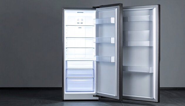 Modern refrigerator open door empty shelves metallic design