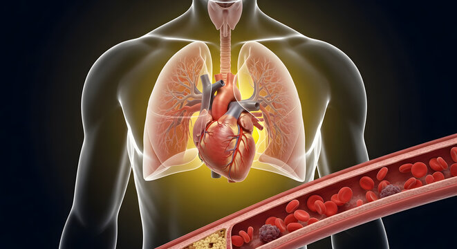 Human torso showing heart, lungs, and a magnified blood vessel affected by plaque and clots