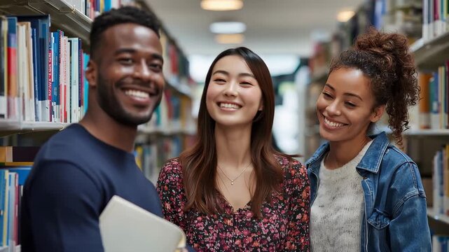 Cheerful international students enjoying a lively conversation in a college library during a study session