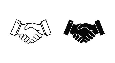 Obraz premium Professional business handshake icons representing a successful deal, partnership agreement, and corporate collaboration in minimalist outline and solid black styles.