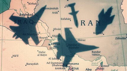 Middle East map grunge with fighter jets and missiles shadow sign of war striking and attack on Iran by US and israel. Middle East geopolitical conflict and war. US israel Iran war. Ceasefire talks. © Sami