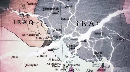 Middle East map grunge with fighter jets and missiles shadow sign of war striking and attack on Iran by US and israel. Middle East geopolitical conflict and war. US israel Iran war. Ceasefire talks. © Sami