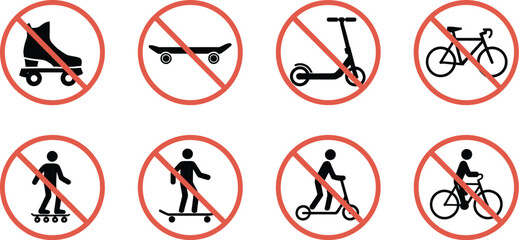 Skate, silhouette icon set with bicycle skateboard roller skate scooter symbols, allowed and forbidden signs, safety pictogram collection, clean vector illustration design. © Sohel