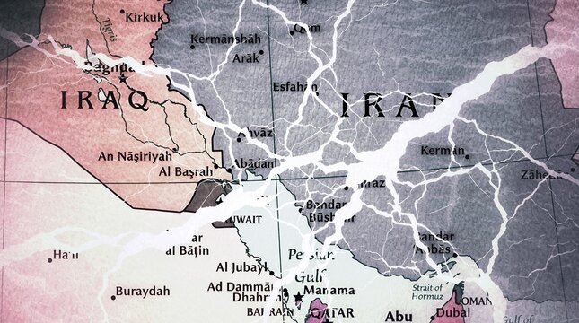 Middle East map grunge with fighter jets and missiles shadow sign of war striking and attack on Iran by US and israel. Middle East geopolitical conflict and war. US israel Iran war. Ceasefire talks.