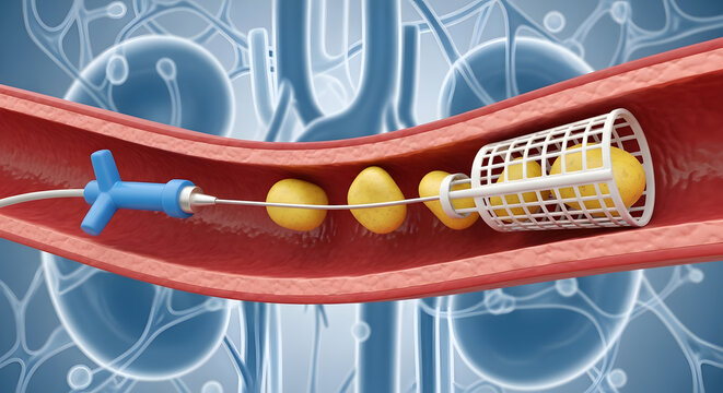 Illustration of kidney stone removal using a basket catheter inside a blood vessel