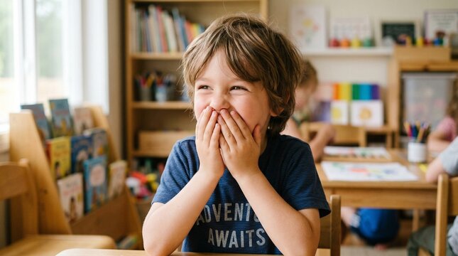 Child giggling with mouth covered