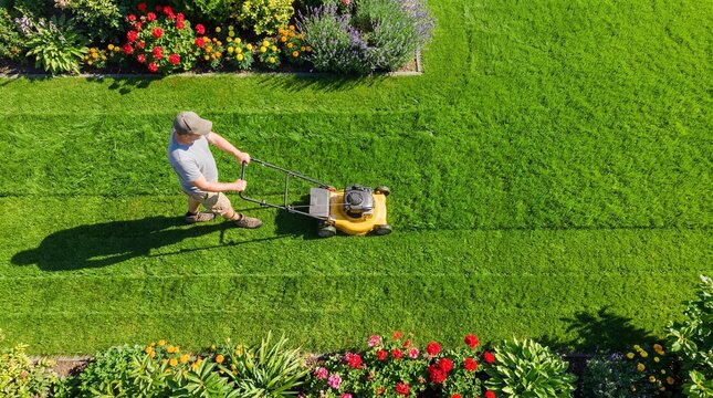 Top down drone shot of a male gardener cutting grass with a push lawnmower on a sunny summer day. Perfect green backyard with colorful flower beds.