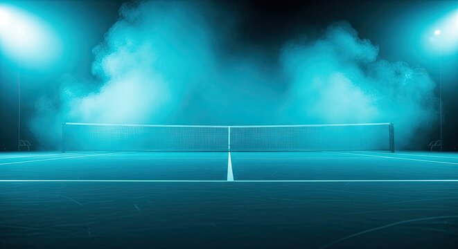Tennis players compete on a dark court with a net under bright lights