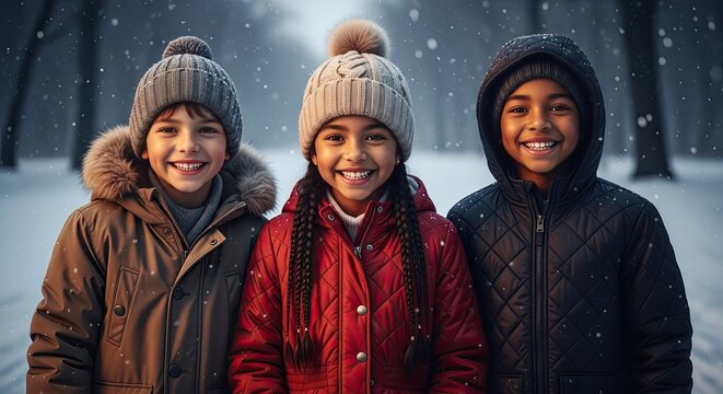 Three children smiling warmly wearing winter coats and hats standing together outdoors in snowy weather conditions.
