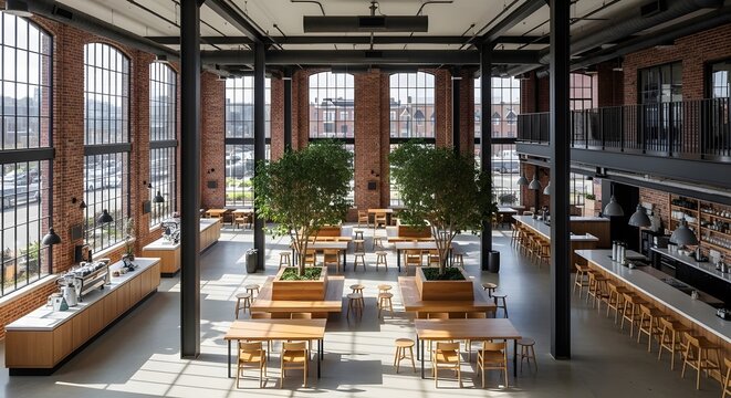 Modern industrial interior of a spacious cafe with brick walls, large windows, and wooden furniture