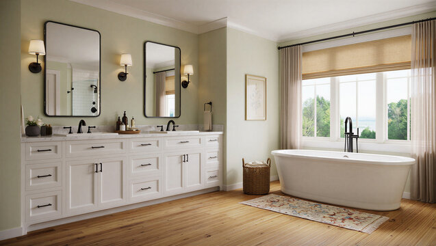 Spacious traditional bathroom with freestanding bathtub and white dual vanity bathroom interior