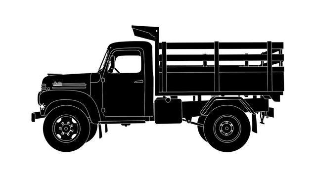 Vintage Flatbed Truck Silhouette Isolated on White Background.
