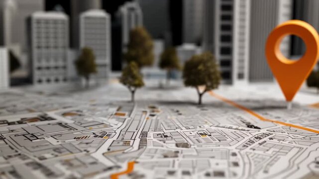 Creative city map concept highlighting business locations with location pins and urban outlines for navigation and exploration