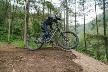 Fototapeta premium Mountain bike rider navigating a steep drop on a dirt trail in the forest