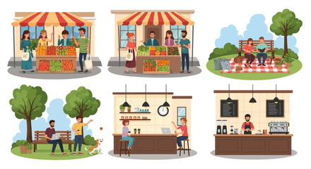 Fototapeta premium People Enjoying Outdoor Activities: Farmers Market, Picnic, Park, and Coffee Shop Scenes
