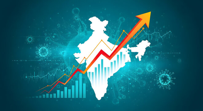 Map of India with an upward trending graph and bar chart, representing economic recovery or growth amidst virus particles