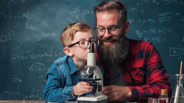 Kid engages in science exploration with a mentor in a classroom setting using a microscope and various lab tools during a hands-on learning experience