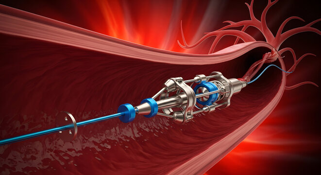 Medical device navigating through a human blood vessel, representing interventional cardiology procedures