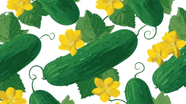 Repeating pattern features dark green fruit growing among bright yellow blossoms and foliage