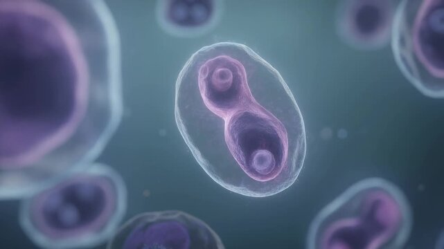Microscopic cells dividing and interacting in fluid environment detailed animation 4K
