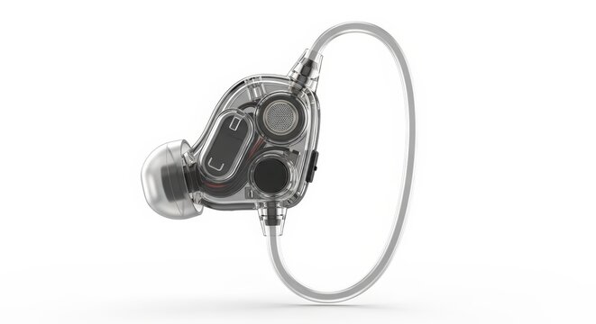 Transparent In-Ear Monitor Earbud with Over-Ear Hook on White Background