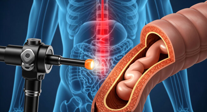 Medical endoscopy procedure showing a scope examining the small intestine within a human body outline