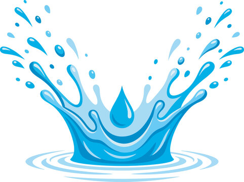 Clean flat vector of a blue water splash forming a crown shape with droplets and ripples, symbolizing freshness, purity, fluid motion, and dynamic liquid impact.