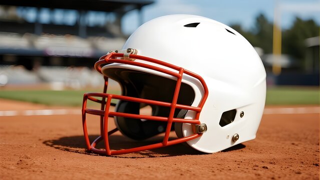 A clean white baseball batting helmet with a red face guard sits on the red clay of a ballfield, with a blurred stadium background.