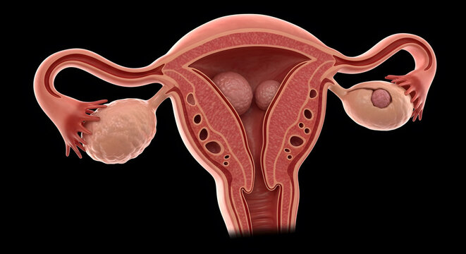 Medical illustration of a womans reproductive tract, highlighting an internal uterine fibroid