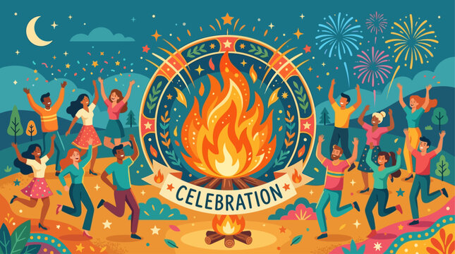 People celebrate Lag BaOmer with fire and dancing outdoors at night