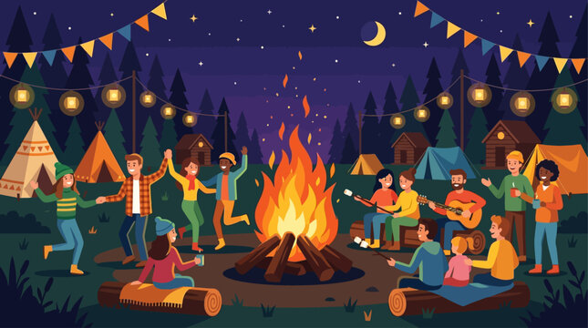 People celebrate Lag BaOmer with campfire and dancing in forest at night