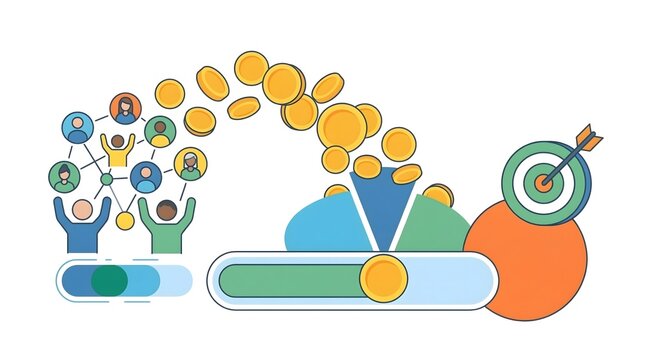 Business crowdfunding concept illustration, community investment and financial growth, people contributing gold coins to a target goal