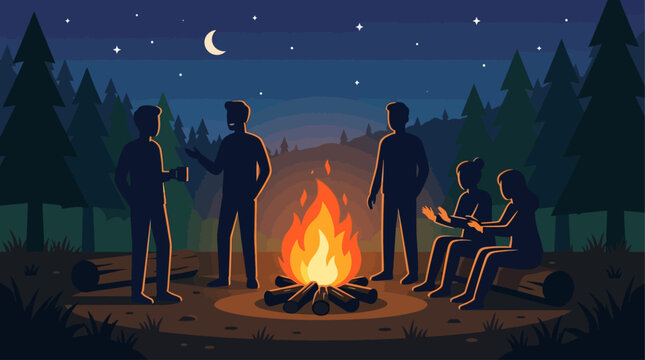 Friends celebrate Lag BaOmer with campfire under starry night sky in forest