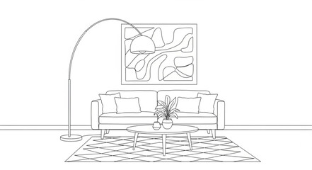 Elegant Living Room Interior Sketch with Modern Furniture and Decor. © Nayla