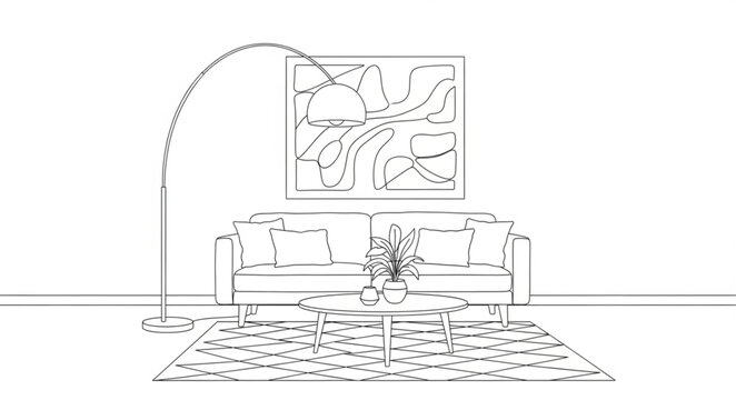 Elegant Living Room Interior Sketch with Modern Furniture and Decor.