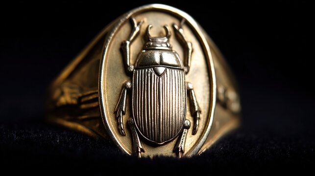 khepri. Ornate scarab beetle gemstone seal ring on black velvet with detailed carving. wildlife magazines, conservation campaigns, designed for eco-tourism storytelling, used by recruiters.