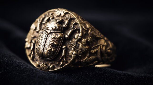 khepri. Ornate scarab beetle gemstone seal ring on black velvet with detailed carving. wildlife magazines, conservation campaigns, designed for eco-tourism storytelling, used by recruiters.