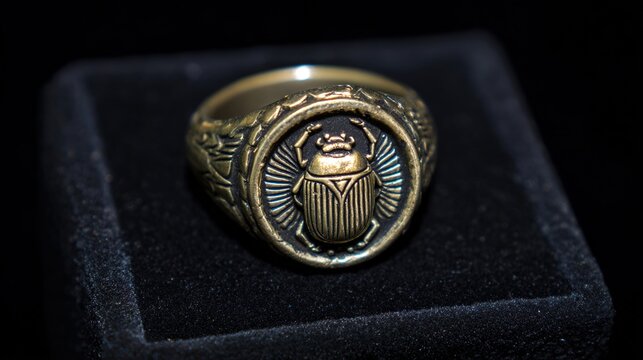khepri. Ornate scarab beetle gemstone seal ring on black velvet with detailed carving. wildlife magazines, conservation campaigns, designed for eco-tourism storytelling, used by recruiters.