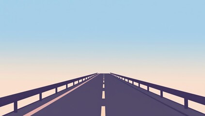 Fototapeta premium Minimalist vector illustration of a long straight bridge highway disappearing into a serene pastel gradient horizon at dawn or dusk