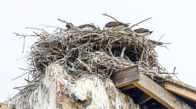precariously. A colony of seabird nests built on a cliff edge from tangled twigs and feathers. wildlife magazines, conservation campaigns, designed for eco-tourism storytelling.