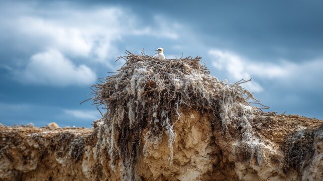 precariously. A colony of seabird nests built on a cliff edge from tangled twigs and feathers. wildlife magazines, conservation campaigns, designed for eco-tourism storytelling.