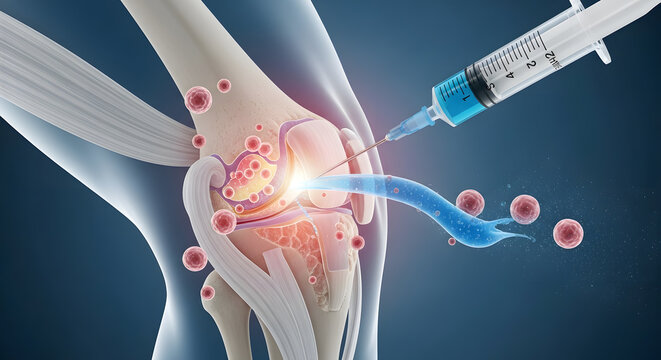 Medical procedure showing an injection into a human knee joint for pain relief or regenerative therapy treatment
