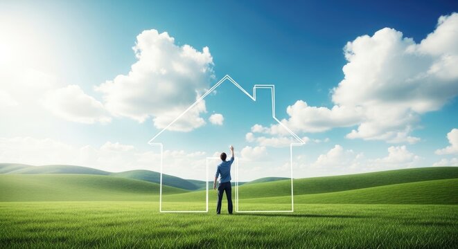 Man reaching for a house outline in the sky hopeful future concept