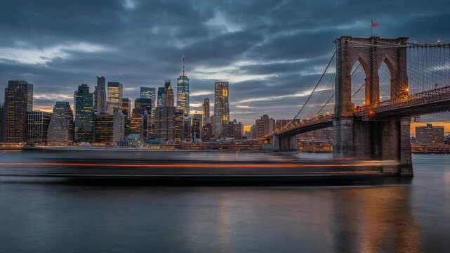 Panoramic view of Brooklyn Bridge illuminated at dusk with city skyline and reflections on water in 4K
