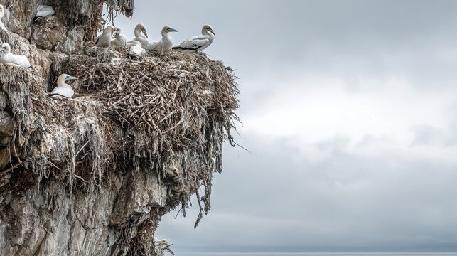 precariously. A colony of seabird nests built on a cliff edge from tangled twigs and feathers. wildlife magazines, conservation campaigns, designed for eco-tourism storytelling.