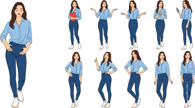 Vector character reference sheet featuring a young woman in casual blue shirt and jeans in various poses for business marketing presentation and lifestyle design.